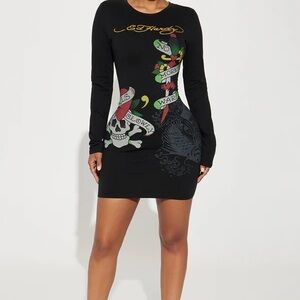 Ed Hardy Black and Multicolor Graphic Long Sleeve Dress